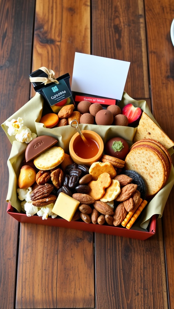 A colorful snack box filled with various treats including popcorn, chocolates, nuts, and dried fruits.